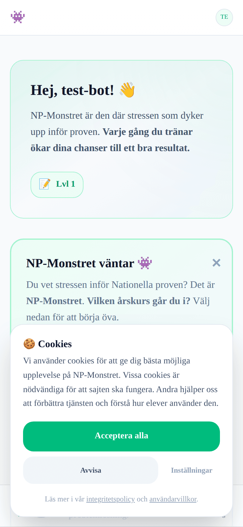 Lärardashboard i NP-Monstret som visar elevens framsteg och svaga områden