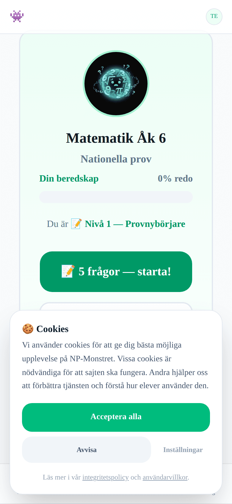 Diagnostiskt quiz i NP-Monstret med fråga och fyra svarsalternativ